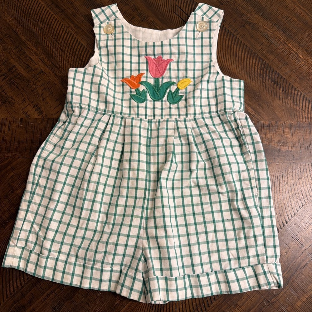 Kelly's Kids Flower Appliqué Sleeveless Shorts Romper Green White SZ 3